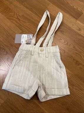 Harper James 2T Cream Striped Suspender Shorts with Button Detail